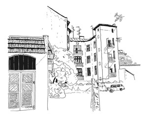 Vector sketch of street scene in Lviv, Digital ink illustration.