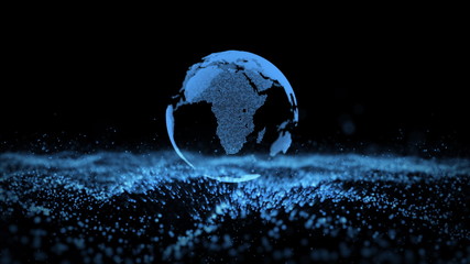 3d animation of blue isolated planet Earth globe model rotating over small flashing information units in dark background. Motion graph. Digitized world and blue ocean strategy concept. Big data.