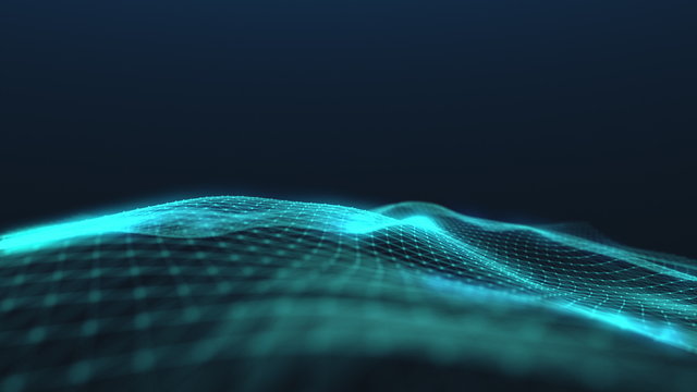 3d animation small turquoise information units connected into perfect moving illuminated winding net in dark background. Motion graph. Digitized world and blue ocean strategy concept. Big data.