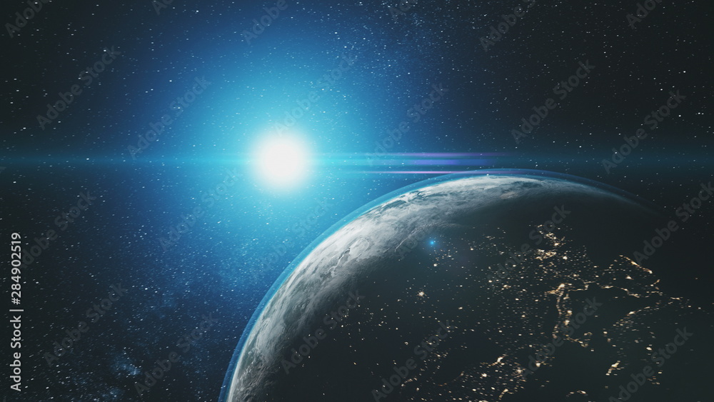Wall mural earth orbit reverse blue sun radiance outer space. epic cosmos nebula constellation celestial naviga