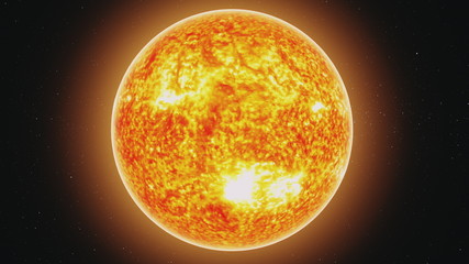 motion graph yellow Sun model with burning lava orange halo moves away in endless outer space with stars. 3d animation. Science and technology concept. Elements of this media furnished by NASA