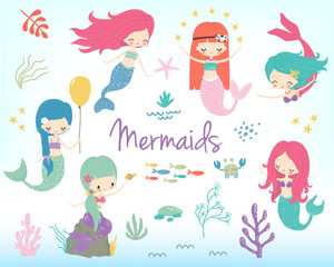  Cute little cartoon mermaids clip art. Vector illustration