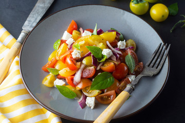 Colorful cherry tomatoes and basil salad on a plate, dark background. Healthy, summer food.