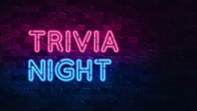 trivia night neon sign. purple and blue glow. neon text. Brick wall lit by neon lamps. Night lighting on the wall. 3d illustration. Trendy Design. light banner, bright advertisement