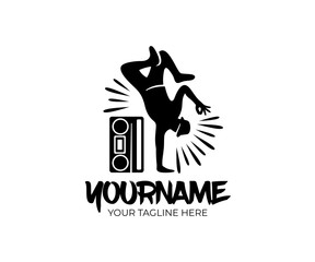 Hip hop dancer and cassette player or retro tape player, logo design. Street dances, music and art, vector design and illustration