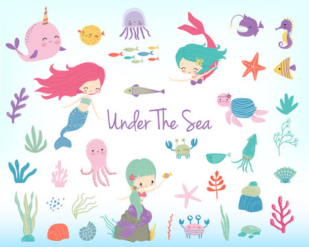 Mermaids, sea animals and sea plants