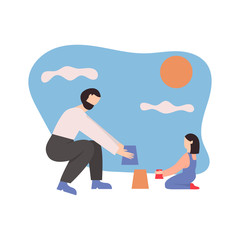 Cute pair of father and daughter spending time together - building sand palace. Happy fatherhood. Flat cartoon vector illustration
