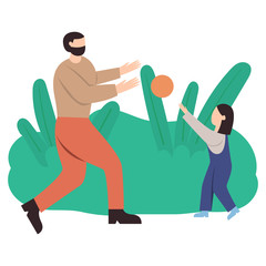Cute pair of father and daughter spending time together - playing the ball. Happy fatherhood. Flat cartoon vector illustration