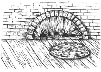 Pizza on firewood oven background