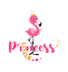 Little Princess. Cute little flamingo. Emblem. Baby flamingo.  Design for children's t-shirts, textiles, gifts, holiday parties.