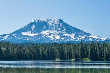 Landscape of NW Face of Mount Adams from Takhlakh Lake with People Fishing-2246