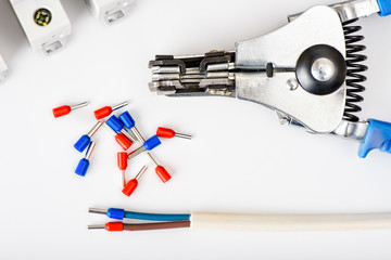 Automatic circuit breakers, on a white background. Electrical equipment. Accessories for electrical protection and control