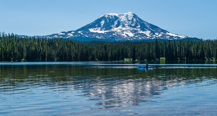 Landscape of NW Face of Mount Adams from Takhlakh Lake with Kayakers Relaxing-2326