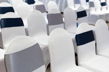 Wedding reception chairs in row decorated with ribbon.