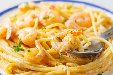 Shrimp pasta with cream and herbs in white plate.