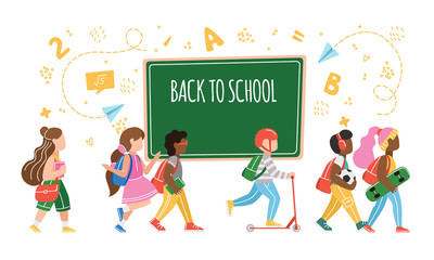 Back to school vector banner design with colorful funny school characters, education items and space for text on the blackboard. Vector illustration.