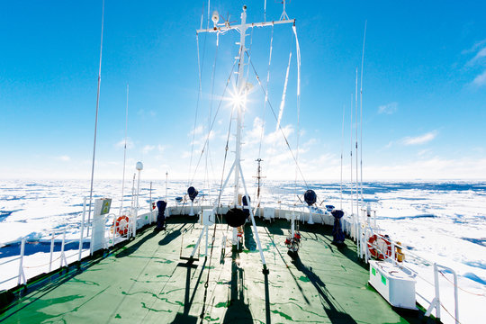 A large research vessel in pack ice, far Southern Ocean en route to Antarctica.