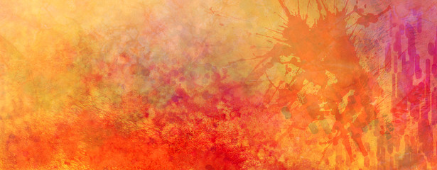 Vibrant colorful abstract background with paint spatter and grunge texture, bright orange red yellow and purple pink colors with lots of grungy textured detailed illustration