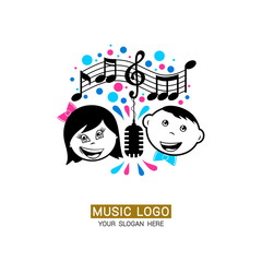 Music logo. A boy and a girl sing into a microphone, musical notes and colored elements around them.