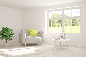 Mock up of stylish room in white color with armchair and green landscape in window. Scandinavian interior design. 3D illustration