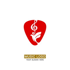 Music logo. Dove and treble clef against the background of a guitar pick.