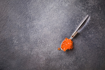 Salmon  Red Caviar in a white plate on a dark background. Healthy Food Concept. Snack.Copy space for Text.Seafood.