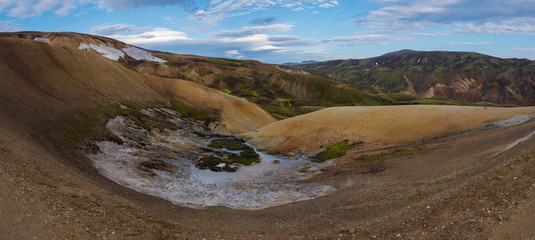 Beautiful scenic panorama of colorful volcanic mountains in Landmannalaugar area of Fjallabak Nature Reserve in Highlands region of Iceland