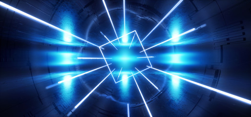 Rectangle Lines Neon Glowing Blue Vibrant Light Night Dark Reflective Tunnel Hallway Corridor Studio Stage Sci Fi Futuristic Modern Alien Spaceship Virtual 3D Rendering