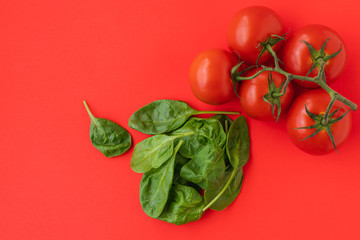 Fresh Organic Tomatoes and Spinach Close Up on Red Background, Directly from Above with Copy Space.  Group of Objects, Healthy Eating, Healthy Lifestyle, Product
