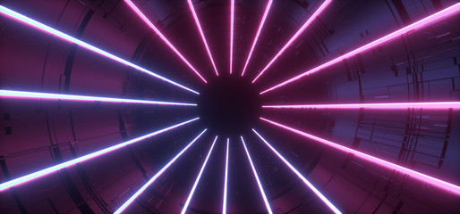 Neon Glowing Luminous Sci Fi Futuristic Lights Vibrant Purple Blue Lines Fluorescent Modern Virtual Reality Tunnel Corridor Dark Room Hall Alien Spaceship Reflections 3D Rendering
