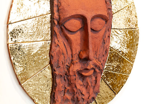 Bratislava, Slovakia. 2018/5/22. A relief sculpture of Jesus' face. Made out of modelling clay by Lubo Michalko. Displayed in the Quo Vadis Catholic House.