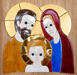Bratislava, Slovakia. 2018/5/22. A glazed-tile mosaic of the Holy Family - Jesus, Mary and Joseph by Lubo Michalko. Displayed in the Quo Vadis Catholic House. © Adam Ján Figeľ