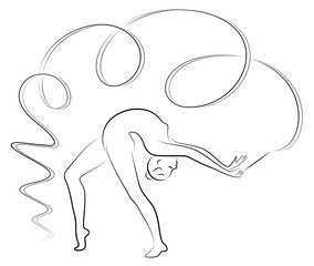 Rhythmic gymnastics. Silhouette of a girl with a ribbon. Beautiful gymnast. The woman is slim and young. Vector illustration.