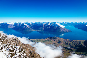 New Zealand, Otago, Queenstown. A view of Lake Wakatipu from The Remarkables mountain range.