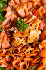 Closeup of a tuna and noodle appetizer.