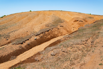 Albanian nature landscape. Sandy hills with rainwater sign on the ground.