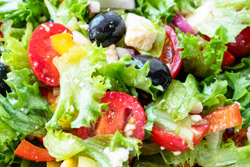 panoramic view of greek salad close up