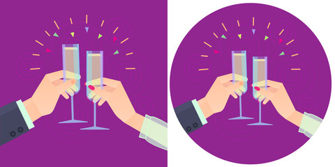 Vector symbols hand with_Romantic dinner man and woman glasses champaign in hands