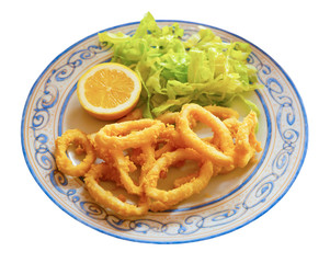 Crispy squid rings in batter Roman style. Traditional spanish dish