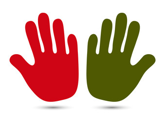 Hand icon. Helping hands silhouette on a white background. Warning gesture with an open palm label. V