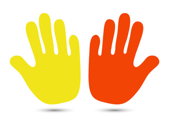 Hand icon. Helping hands silhouette on a white background. Warning gesture with an open palm label. V