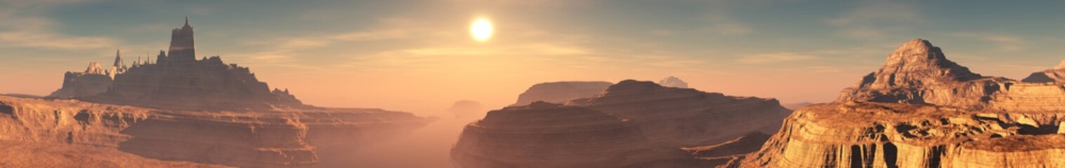 Panorama of the canyon. Stone desert under a blue sky with clouds. 3d rendering.