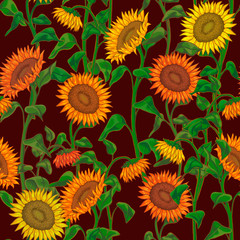 Seamless autumn pattern. Colorful floral background. Beautiful sunflowers. For design on fabric, wrapping paper, scrapbooking, wallpaper, etc.