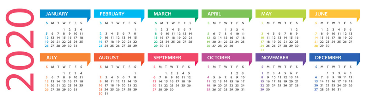 2020 Year Calendar - Vector Illustration. Week Starts On Sunday