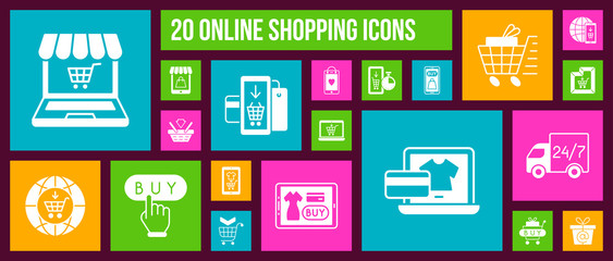 Online Shop white silhouette icons vector set
