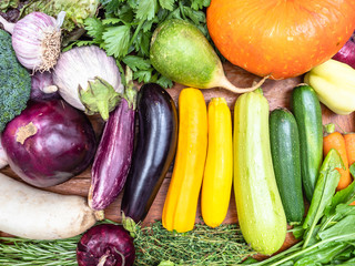 top view of seasonal vegetables on wooden table