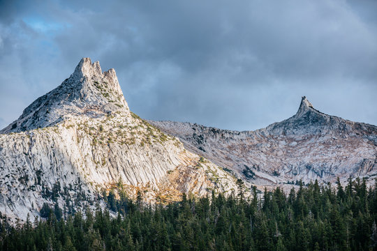 USA, California, Yosemite National Park, Unicorn Peak at sunset seen from Tuolumne Meadows, Cockscomb Peak in the distance.