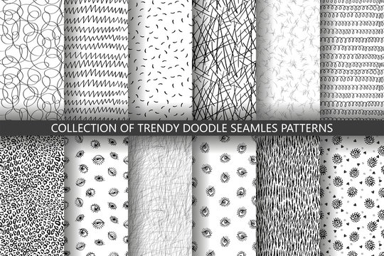 Set of seamless trendy abstract hand-drawn patterns. Vector modern creative backgrounds