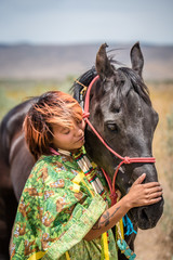 Native American Indian Girl with her Arab horse