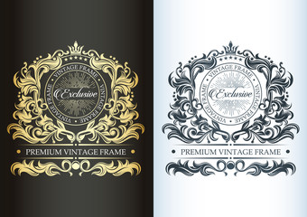 Luxurious vintage monogram. Decorative frame. Deciduous ornament on a dark and light background in the form of a wreath. Golden pattern. Template for monogram or brand. Place for text.